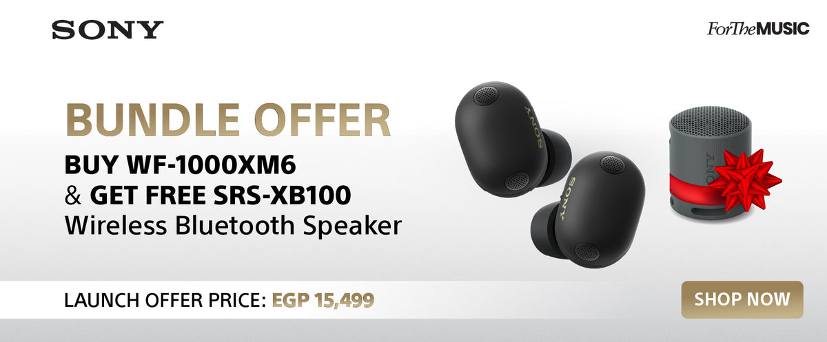 Sony bundle offer advertisement featuring two black WF-1000XM6 wireless earbuds and a free SRS-XB100 wireless speaker, with a red gift bow graphic and a 'SHOP NOW' button on a white background.