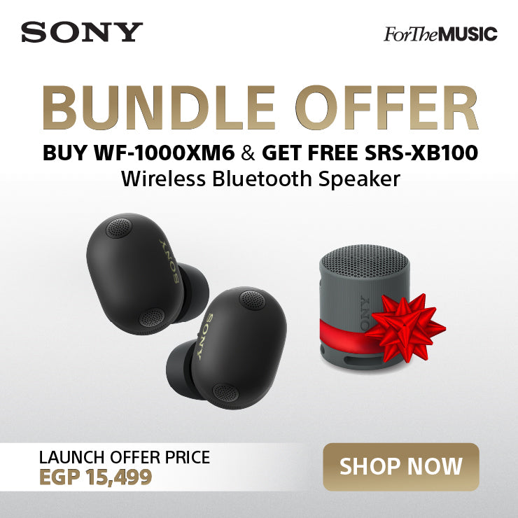 Sony promotional banner advertising a bundle offer: buy WF-1000XM6 wireless earbuds and get a free SRS-XB100 wireless Bluetooth speaker. The earbuds are black with gold Sony branding, and the speaker is dark gray with a red ribbon and bow graphic.