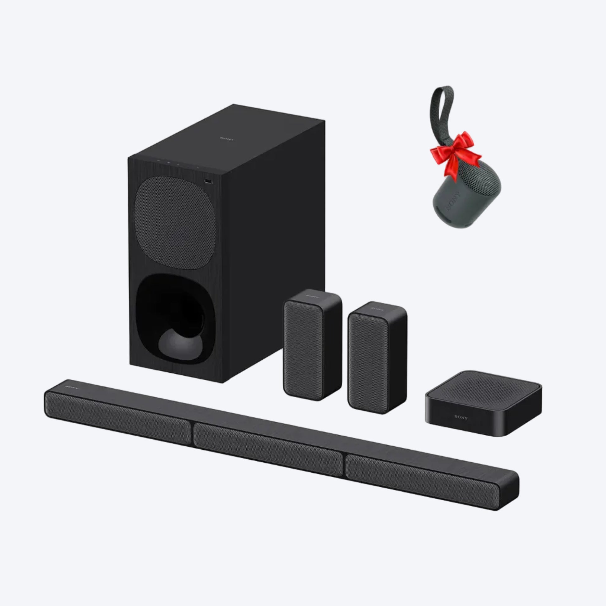 Black home theater speaker system with subwoofer and satellite speakers on a white background.