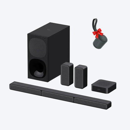 Black home theater speaker system with subwoofer and satellite speakers on a white background.